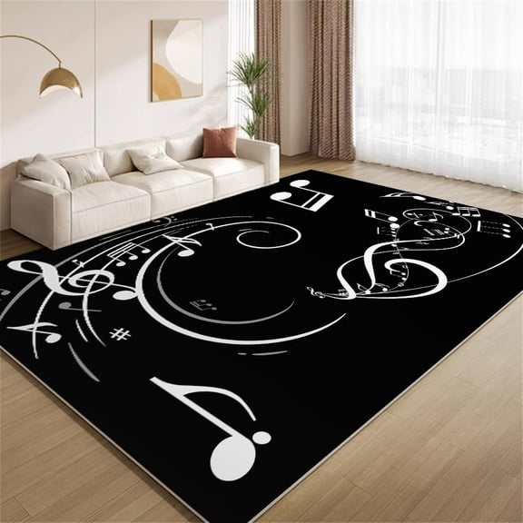 Music Theme Area Rugs, Black White Musical Notes Carpet, Washable Non Slip Low Pile Soft Rug for Living Room Bedroom Office Decor Mat 5ftx8ft