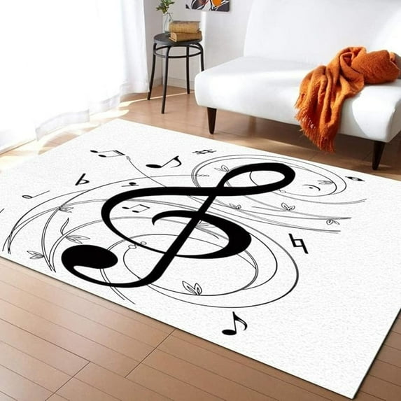Black White Music Notation Area Rug, Black And White Note Art Soft Washable Rug, Anti-Slip Backing Decorative Rug For Living Room Bedroom Kitchen Dining Room Home Rug 1x2ft