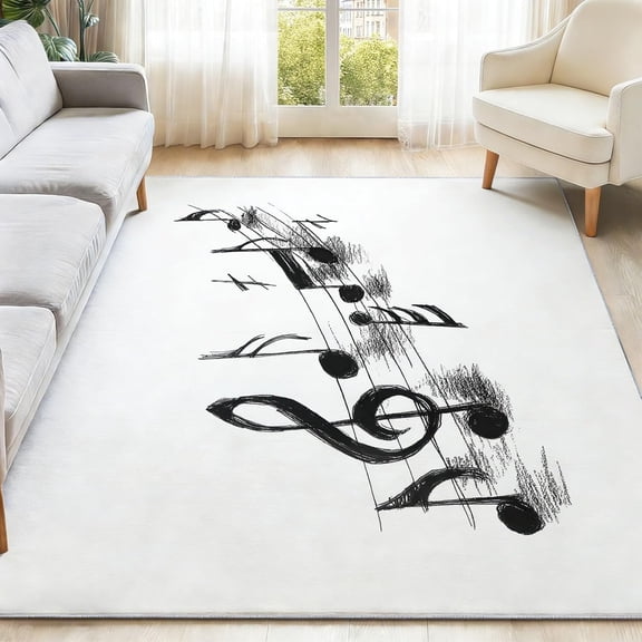 Black and White Music Note Rug Home Decor Rug, Note Carpet for Living Room Bedroom, Music Theme Area Rug, Washable Durable Soft Low Pile Indoor Rugs and Room Decor-4' x 5'