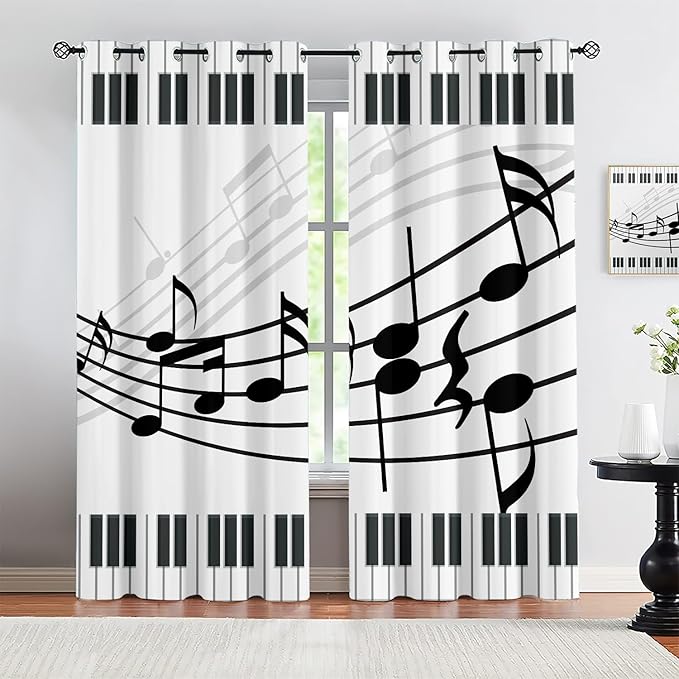 Piano Music Blackout Curtains – Cartoon Notes Thermal Insulation Drapes, 52x96 Inches, 2 Panels