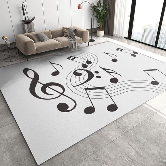 Black And White Musical Notes Area Rug, Simple Music Non Slip Carpet, Easy Machine Washable Rug For Living Room Bedroom Study Office Kitchen Dining Room Decor Floor Mat 4x5ft