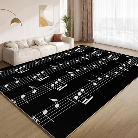 Black White Musical Notes Area Rugs, Modern Music Design Carpet, Soft Washable Non Slip Low Pile Rug for Living Room Bedroom Entry Floor Mat 4x5ft