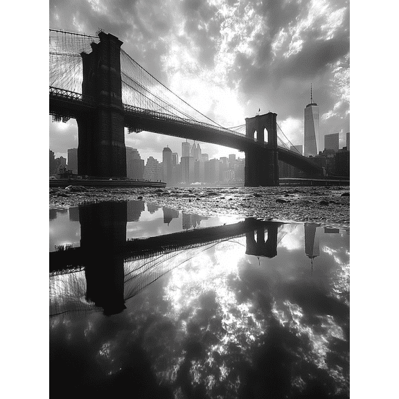 Black White NYC Manhattan Skyline Canvas Print, Brooklyn Bridge Panoramic Urban Home Bedroom Living Room Wall Decor Art