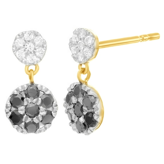 AFFY Black & White Natural Diamond Double Cluster Drop Earrings in 14k Yellow Gold (0.33 Cttw )