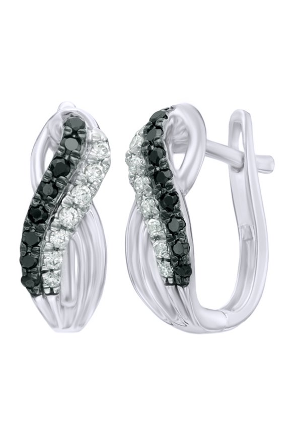 Black & White Natural Diamond Double Row Overlay Hoop Earrings in 10k White Gold (0.33 Cttw )