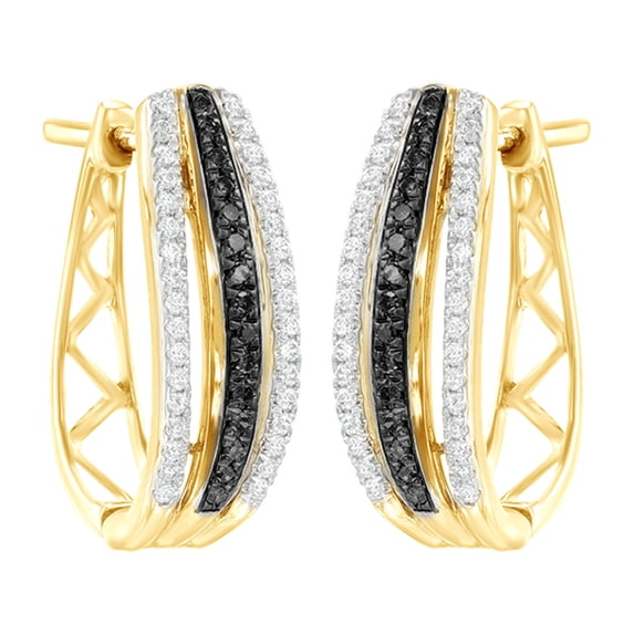 AFFY Black & White Natural Diamond Hoop Earrings in 10k Yellow Gold (0.25 Cttw )
