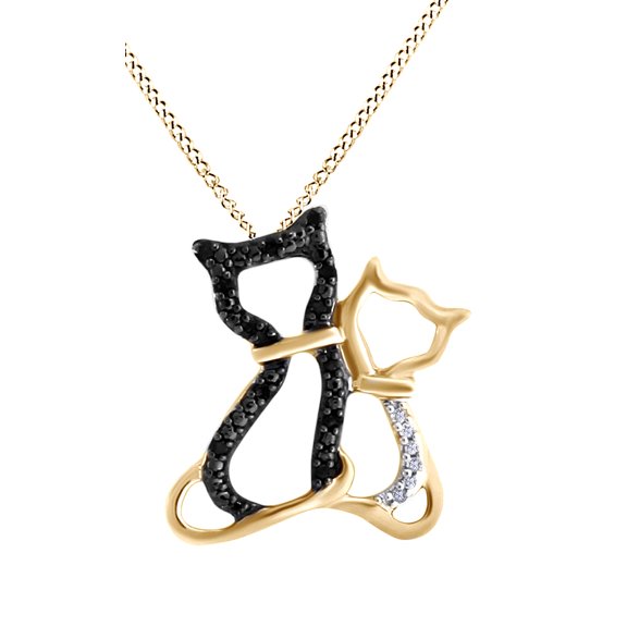 AFFY Black & White Natural Diamond Kitty Cats Pendant Necklace 14k Yellow Gold Over Sterling Silver