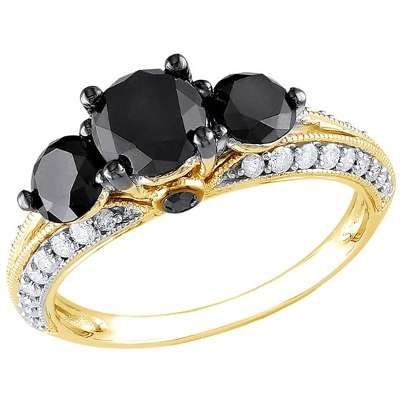 AFFY Black & White Natural Diamond Vintage Style Three Stone Ring in 10K Yellow Gold (2 cttw)