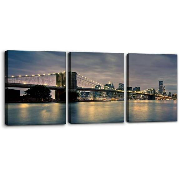Black and White New York City Picture Brooklyn Bridge Canvas Wall Art Manhattan Cityscape Framed Canvas Print Gallery Wrapped Modern Home Office Decoration Ready to Hang - 12" x 16" x 3