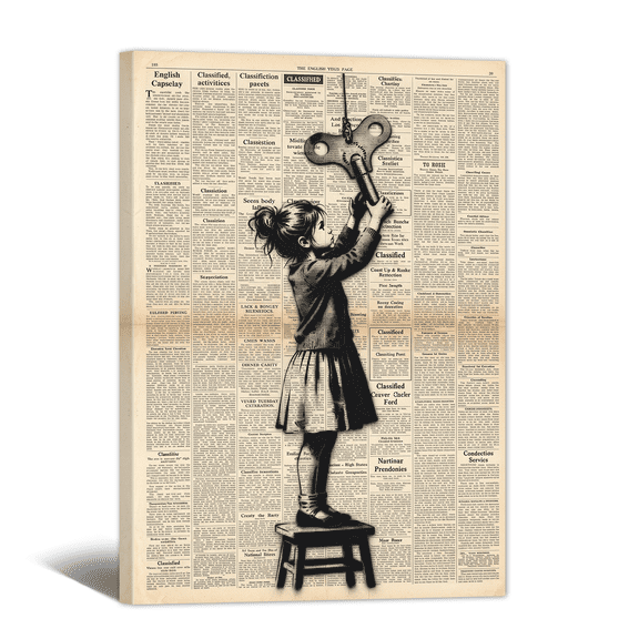 Black & White Newspaper Canvas Wall Art Inspired Girl with Big Key Print, Positive Affirming Retro Artwork Minimalist Painting for Home Living Room Bedroom Dorm Decor