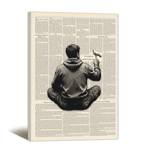 Black and White Newspaper Canvas Wall Art Inspired Man with Bird Prints, Positive Affirming Retro Artwork Minimalist Painting for Home Living Room Bedroom Dorm Decor