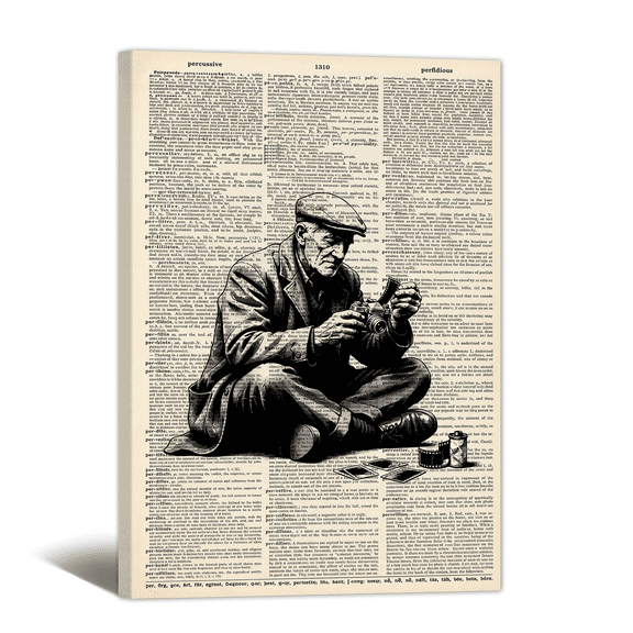 Black and White Newspaper Canvas Wall Art Inspired Man with Camera Prints, Positive Affirming Retro Artwork Minimalist Painting for Home Living Room Bedroom Dorm Decor
