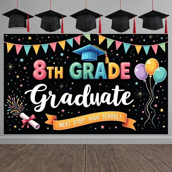 Black and White Next Stop High School Banner Hand-drawn Graduation Display Chalkboard Design Graduation Cap School Backdrop for Graduation Party High School Transition School Event