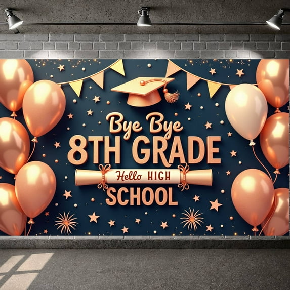 Black and White Next Stop High School Banner Hand-drawn Graduation Display Chalkboard Design Graduation Cap School Backdrop for Graduation Party High School Transition School Event