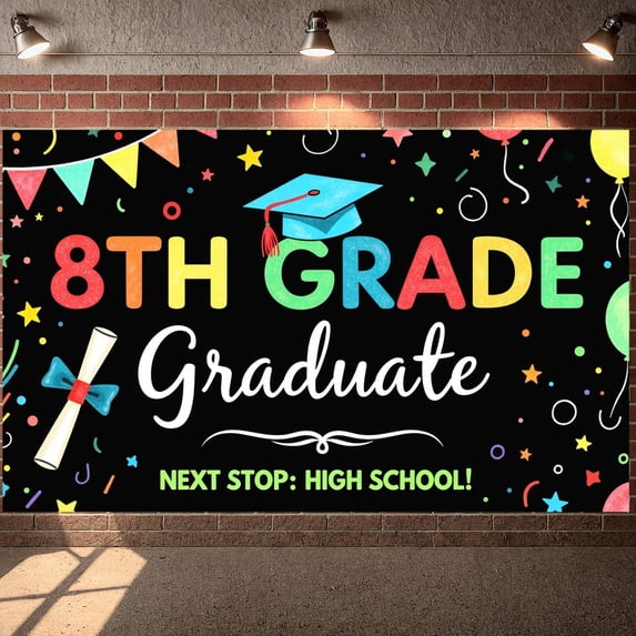 Black and White Next Stop High School Banner Hand-drawn Graduation Display Chalkboard Design Graduation Cap School Backdrop for Graduation Party High School Transition School Event