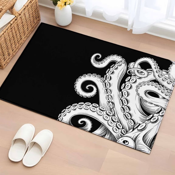Black White Octopus Entryway Rug 2'x3' Non Slip Front Door Mats, Coastal Ocean Animals Nautical Entrance Rugs Indoor Outdoor Carpet, Washable Floor Mats Small Area Rug for Bedroom Kitchen