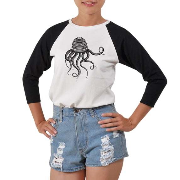 Black & White Octopus Printed 100% Cotton Elbow Sleeves Raglan T-Shirt WTS_03 XL