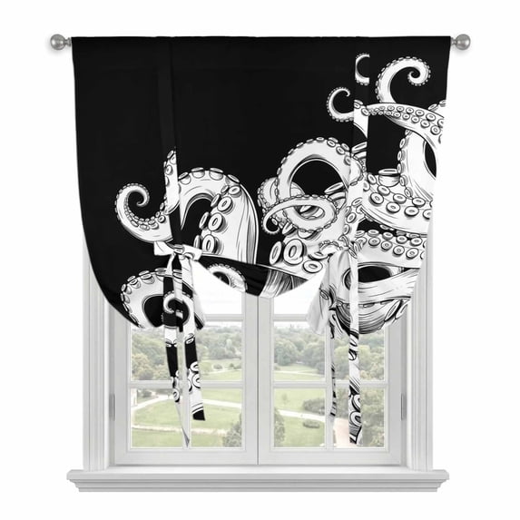 Black White Octopus Tie Up Curtains for Windows, Adjustable Balloon Window Shades, Coastal Ocean Animals Nautical Kitchen Window Treatments Farmhouse Short Curtains with Rod Pocket 42"x45"