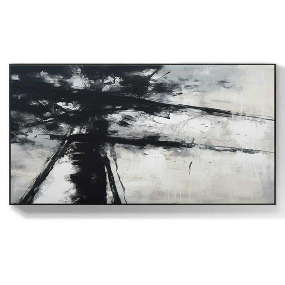 Black and White Oil Painting Black White Abstract Minimalist Artwork on Canvas Abstract Black Lines Shape Painting for Living Room Decor,Unstretched,Frameless,(46*92cm)18*36Inches