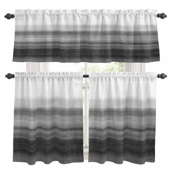 Black White Ombre Kitchen Curtains Sets for Windows 36 Inch Length, Vintage Minimalism Abstract Stripes Rod Pocket Window Treatments Tier Curtains and Valances Set for Bedroom/Bathroom