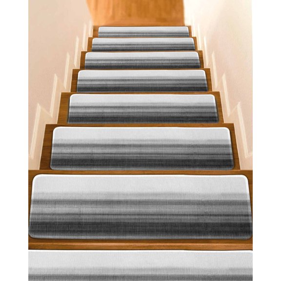 Black White Ombre Stair Treads for Wooden Steps Indoor Runner Rug Carpet, Vintage Minimalism Abstract Stripes 4 Pieces Peel and Stick Staircase Step Treads Covers Washable Throw Door Mats, 30"x8"
