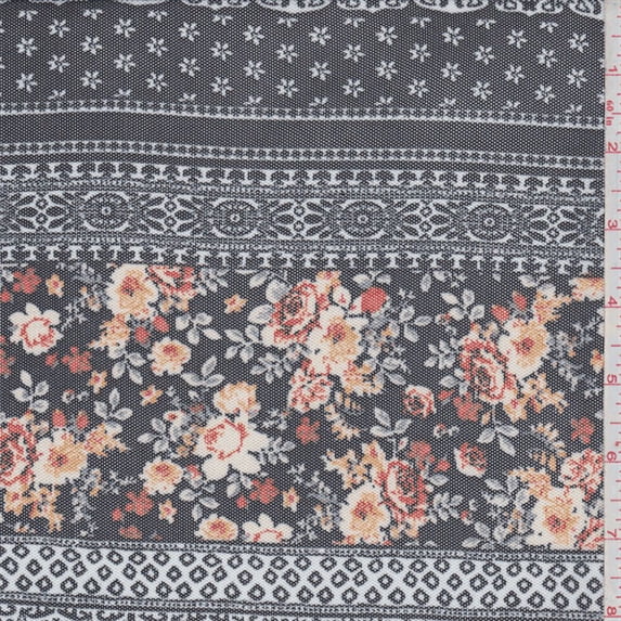 Black/White/Orange Floral Stripe Stretch Mesh, Fabric Sold By the Yard