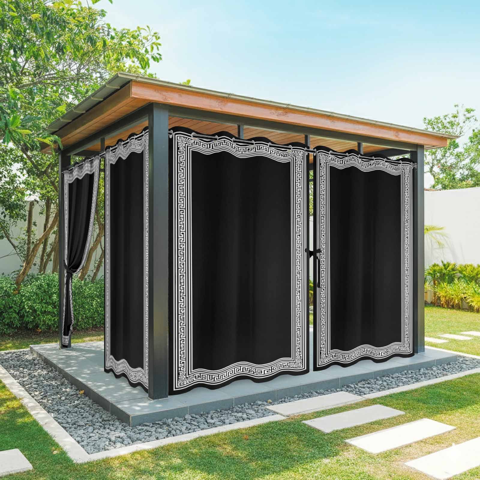 Black White Outdoor Curtains for Patio Waterproof, Geometric Greek Key Bordered Abstract Art Grommet Curtains for Porch Outside Privacy Drape for Gazebo Garden Pergola, 2 Panels, 54x84in