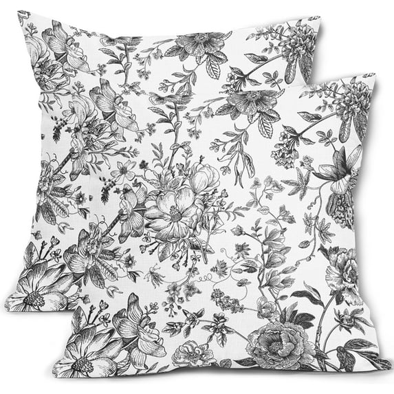 Black & White Outdoor Pillow Covers 16x16 Inch Set of 2 Black Floral Throw Pillow Covers Decorative Vintage Flower Pillowscase Cotton Linen Square Cushion Covers Sofa Couch Bedroom Party Home