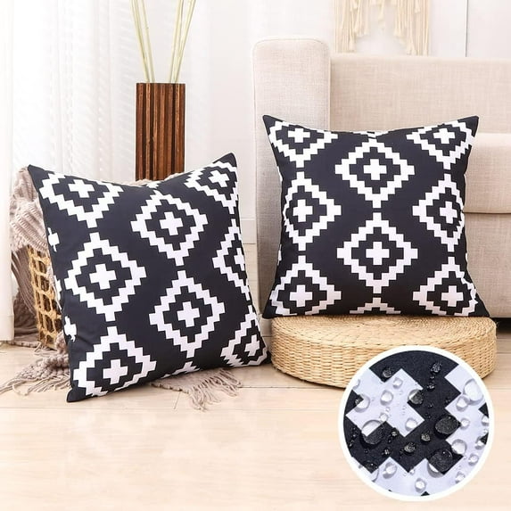 Black and White Outdoor Pillows Waterproof 18x18 Porch Throw Pillow Covers 18 x 18 Set of 2 Outdoor Patio Decor for Patio Furniture, RV, Backyard, Deck, Picnic, Beach, Trailer, Camping