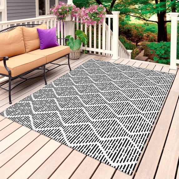 Black White Outdoor Rug 4x6 Ft, Non Slip Washable Area Rug, Modern Abstract Art Farmhouse Patio Rugs Carpet Runner, Large Floor Mat for Indoor/Outdoor Deck Porch Camping
