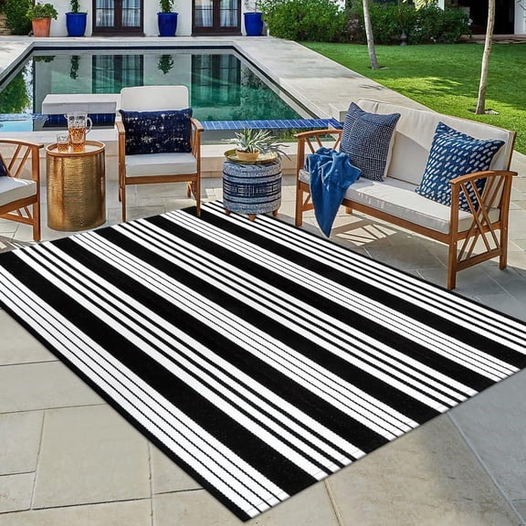 chalian-Black and White Outdoor Rug 4x6 ft Cotton Woven Patio Rug Machine Washable Front Door Mat Indoor/Outdoor Area Rugs Floor Mat for Farmhouse/Front Porch/Lawn/Living Room