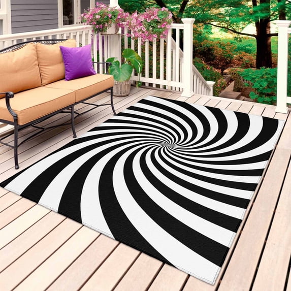 Black White Outdoor Rug for Patio/Deck/Porch, Non-Slip Large Area Rug 4 x 6 Ft, Farmhouse Striped Spiral Vortex Abstract Indoor Outdoor Rugs Washable Area Rugs, Reversible Camping Rug Carpet Runner