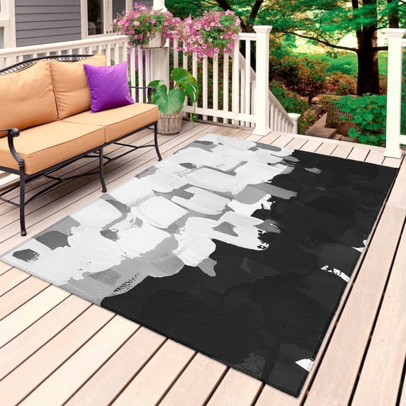 Black White Outdoor Rug for Patio/Deck/Porch, Non-Slip Large Area Rug 6 x 9 Ft, Abstract Graffiti Paint Country Retro Tribal Indoor Outdoor Rugs Washable Area Rugs, Camping Rug Carpet Runner