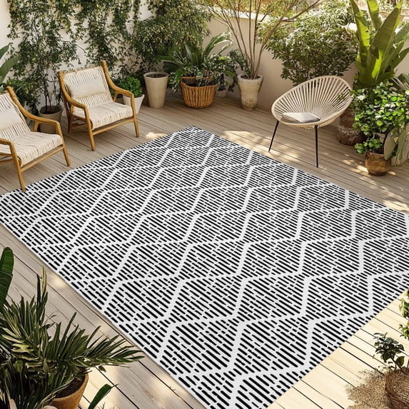 Black White Outdoor Rug for Patio/Deck/Porch, Non-Slip Large Area Rug 6 x 9 Ft, Modern Abstract Art Farmhouse Indoor Outdoor Rugs Washable Area Rugs, Reversible Camping Rug Carpet Runner