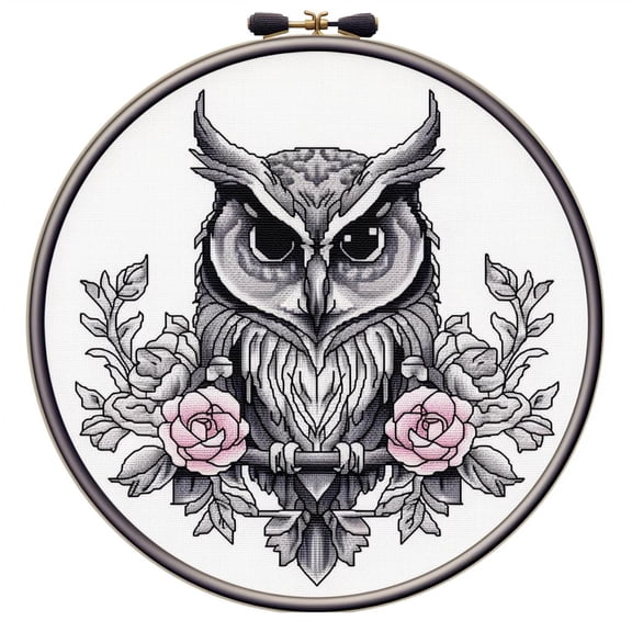 Black and White Owl Round Shape DIY Stamped Cross Stitch Kits for Beginners Easy with Hoop 11CT Needlepoint Embroidery Counted Cross Stitch Kits Art Craft Wall Decoration 35x35cm(2)