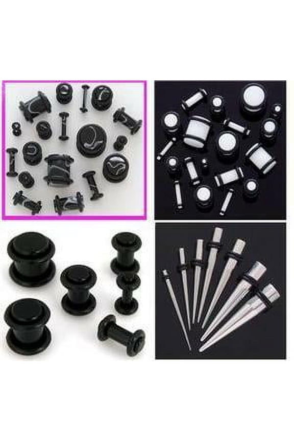 Black White PLUGS Steel TAPERS 0G-14G gauge ear stretching -32pc kit