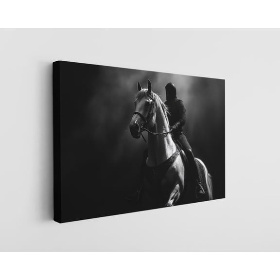 Black and White Painting of a Knight with His Horse Canvas Wall Art - High-Quality Medieval Print - Handcrafted Warrior Decor - Stylish Wall Art - Gift for History Lovers