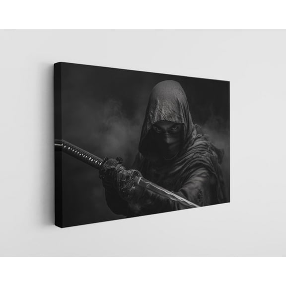Black and White Painting of a Ninja Canvas Wall Art - High-Quality Martial Arts Print - Handcrafted Warrior Decor - Stylish Wall Art - Gift for Martial Artists