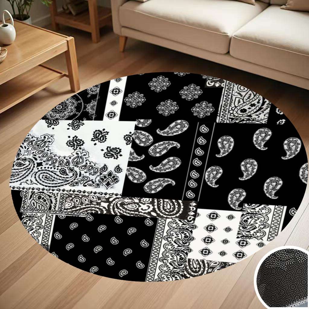 Black White Paisley Bandana Patterns Round Carpet Living Room Bedroom ...