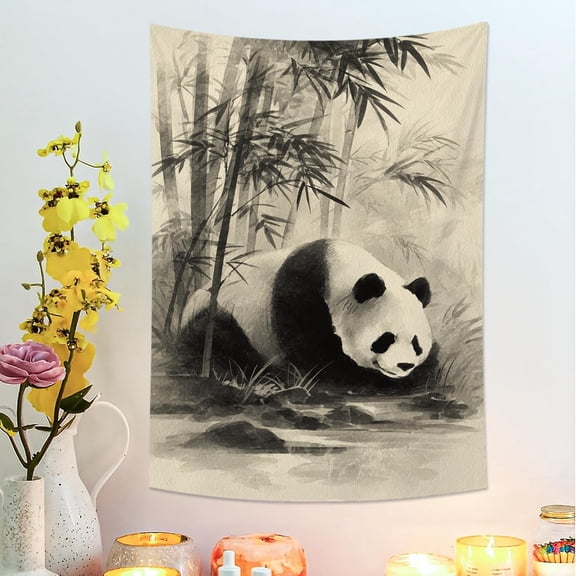 Black White Panda Tapestry, Bamboo Forest Nature Wall Hanging, Aesthetic Tapestries for Bedroom, Living Room, Dorm Decor 30x40 Inch