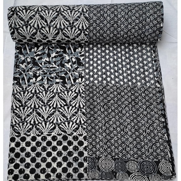 Black White Patchwork Indian Kantha Quilt Handmade, Geometric Block Print Pure Cotton Bedspread, Modern Boho Indian Bedding