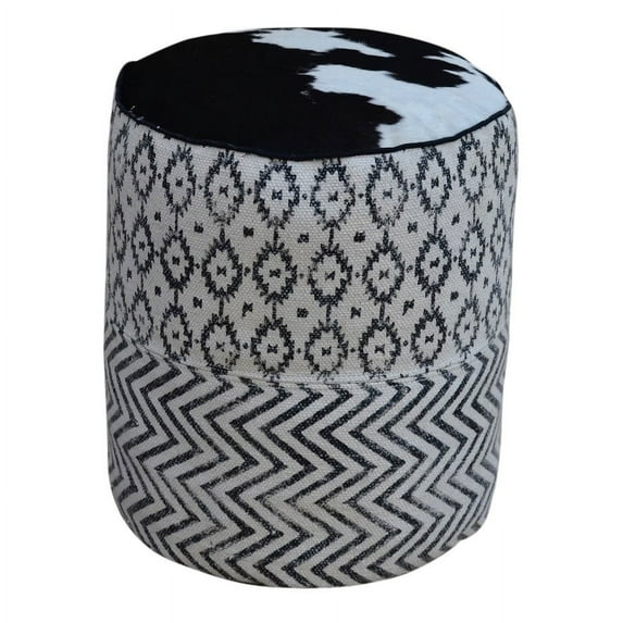 Black & White Patterned Round Pouf UMA with Cowhide Top