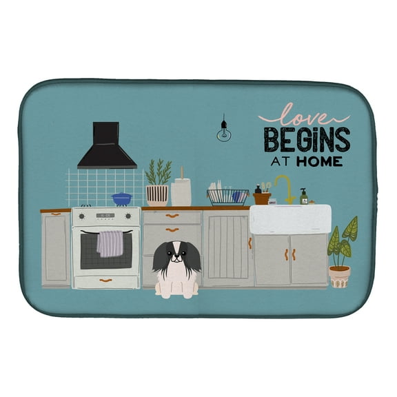 Black White Pekingese Kitchen Scene Dish Drying Mat