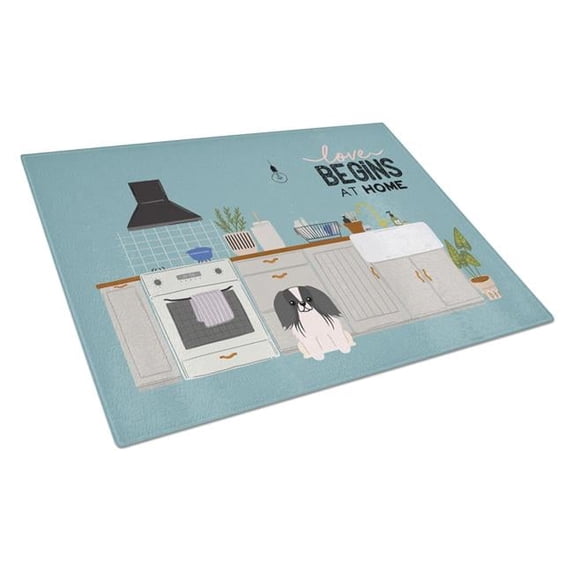 Black White Pekingese Kitchen Scene Glass Cutting Board - Large