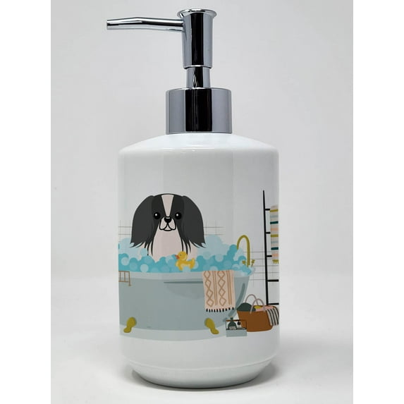 Black White Pekingese in Bathtub Ceramic Soap Dispenser