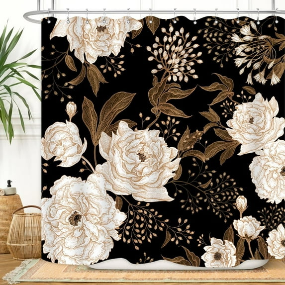 Black White Peony Shower Curtain Vintage Gold Leaves Flower Rustic Retro Boho Floral Botanical Bathroom Decor Waterproof Fabric 72Lx72W Inch with Hooks