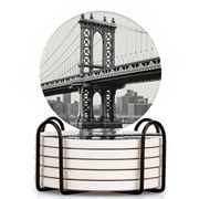 Black And White Photo Of The Manhattan Bridge Set of 6 Ceramic Coasters with Holder, Absorbent Drink Bar Coasters, Table Coasters for Living Room Decor Tabletop Protection