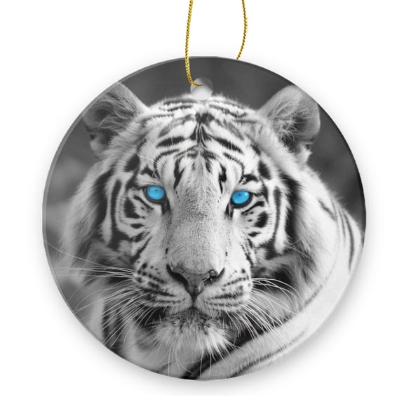 Black And White Photograph of Elegant White Tiger With Blue Eyes - Christmas Ornament Xmas Keepsake Ceramic Ornaments Holiday Decorations for Tree Christmas Gift Ideas 2.95in