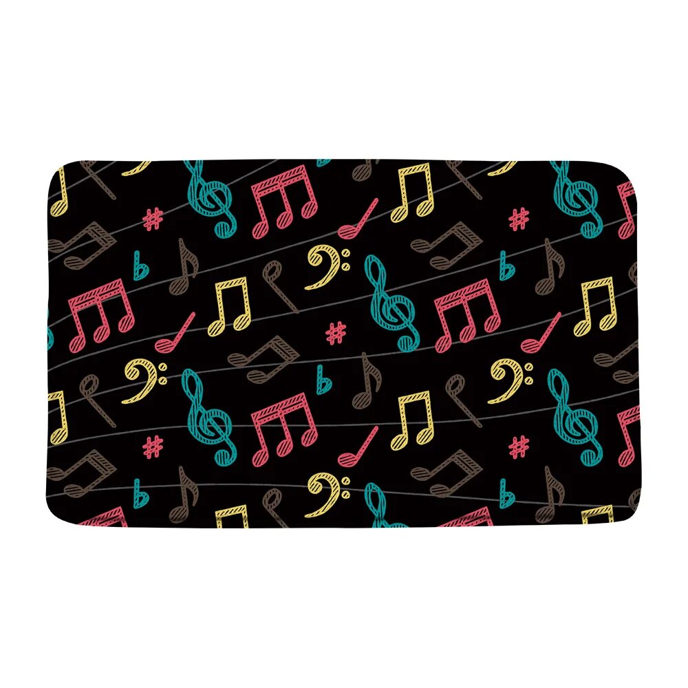 Black White Piano Keys Bath Mat Bathroom Decor Music Notes Guitar Front