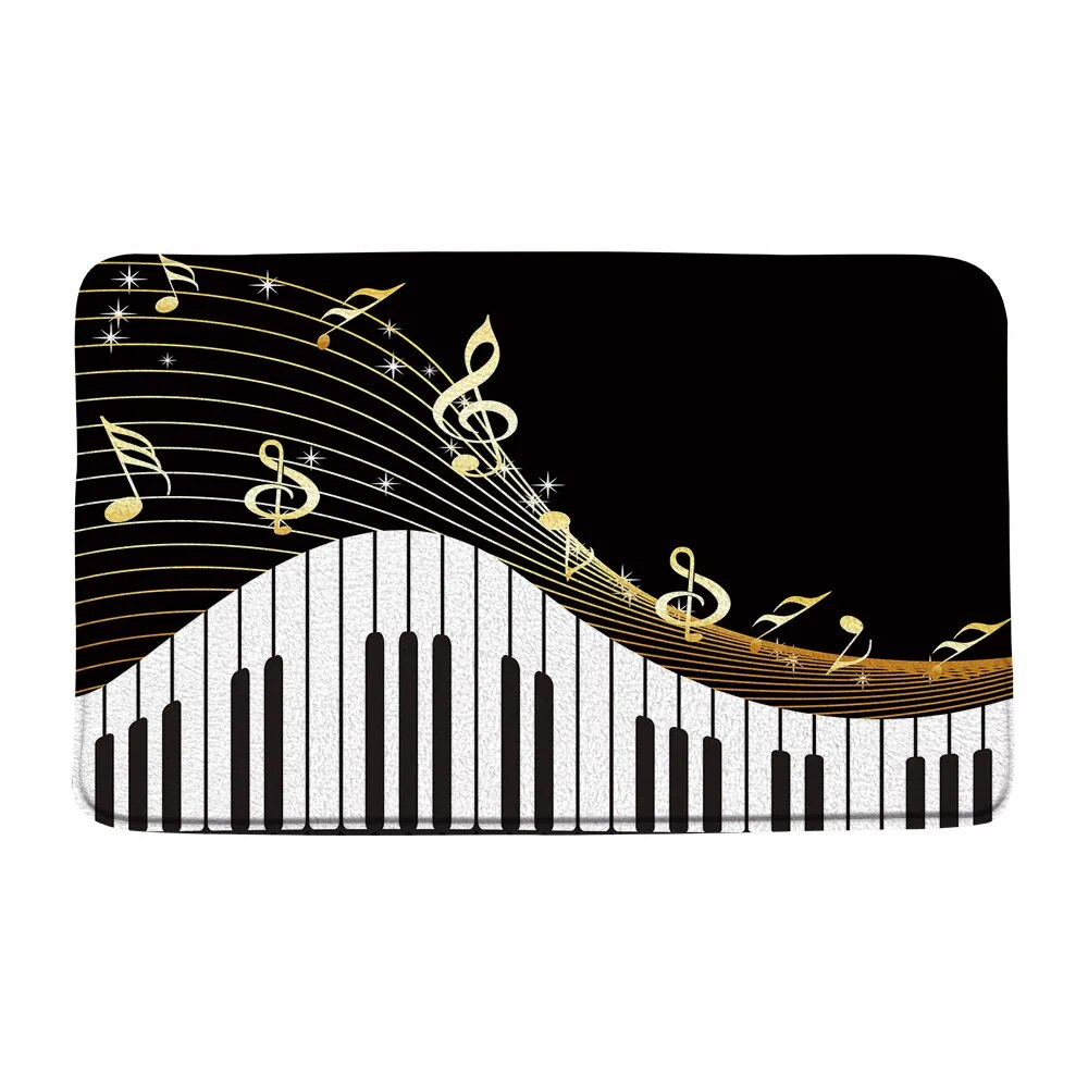 Black White Piano Keys Bath Mat Bathroom Decor Music Notes Guitar Front
